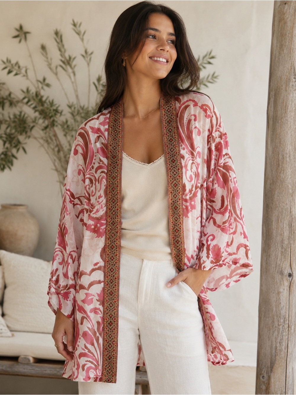 Soft Surroundings Floral Kimono Cardigan Petite PM Boho Sheer Open Front Topper